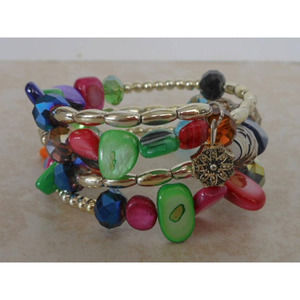 Vintage Multi Color Art Glass & Shell Coil Bracelet
